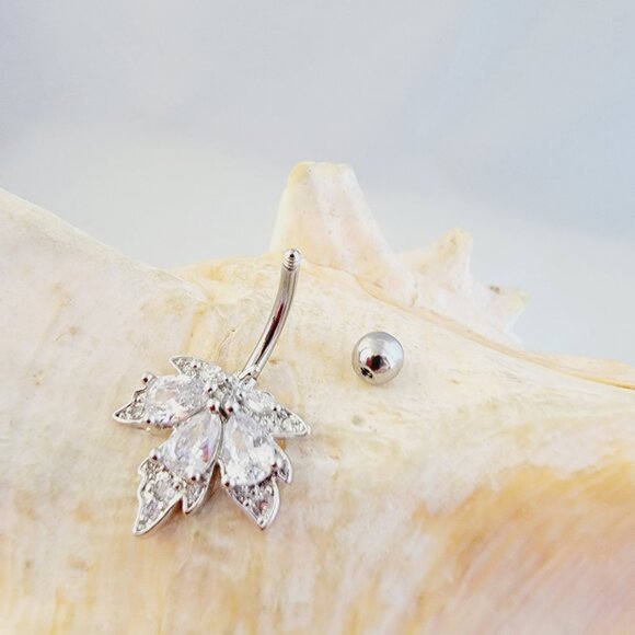 Leaf shaped clear cubic zirconia 14G belly button ring with gem ball - Picture 6 of 6